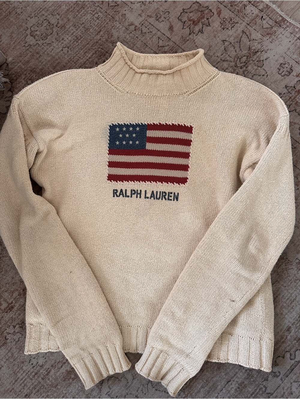 Polo by Ralph Lauren Cream Knit Sweater with American Flag Big Logo
